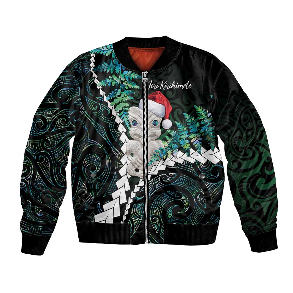 New Zealand Personalised Bomber Jacket Meri Kirihimete Kowhaiwhai Mix Paua Shell - Emerald LT7 Unisex Green - Polynesian Pride