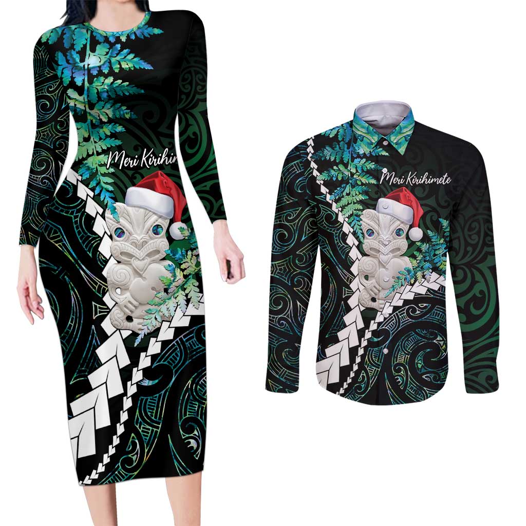New Zealand Personalised Couples Matching Long Sleeve Bodycon Dress and Long Sleeve Button Shirt Meri Kirihimete Kowhaiwhai Mix Paua Shell - Emerald