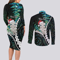 New Zealand Personalised Couples Matching Long Sleeve Bodycon Dress and Long Sleeve Button Shirt Meri Kirihimete Kowhaiwhai Mix Paua Shell - Emerald