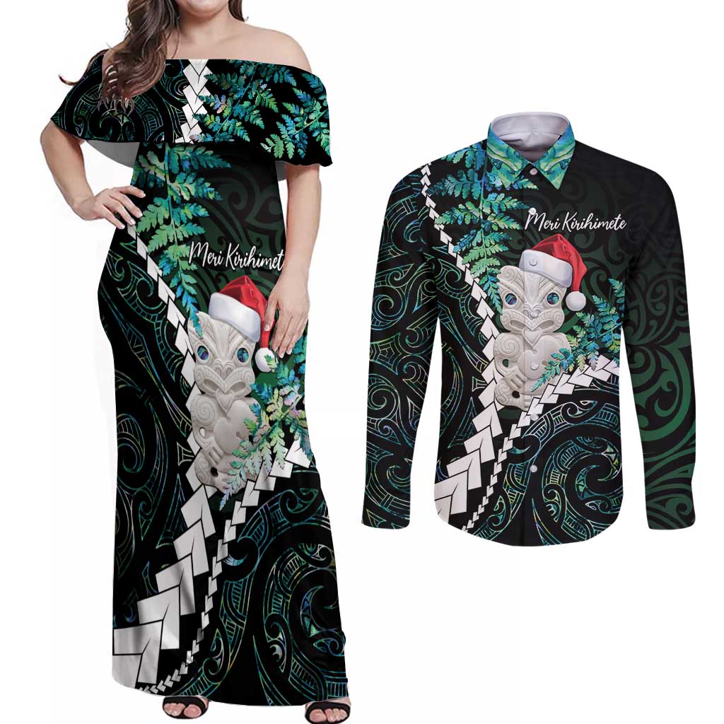 New Zealand Personalised Couples Matching Off Shoulder Maxi Dress and Long Sleeve Button Shirt Meri Kirihimete Kowhaiwhai Mix Paua Shell - Emerald