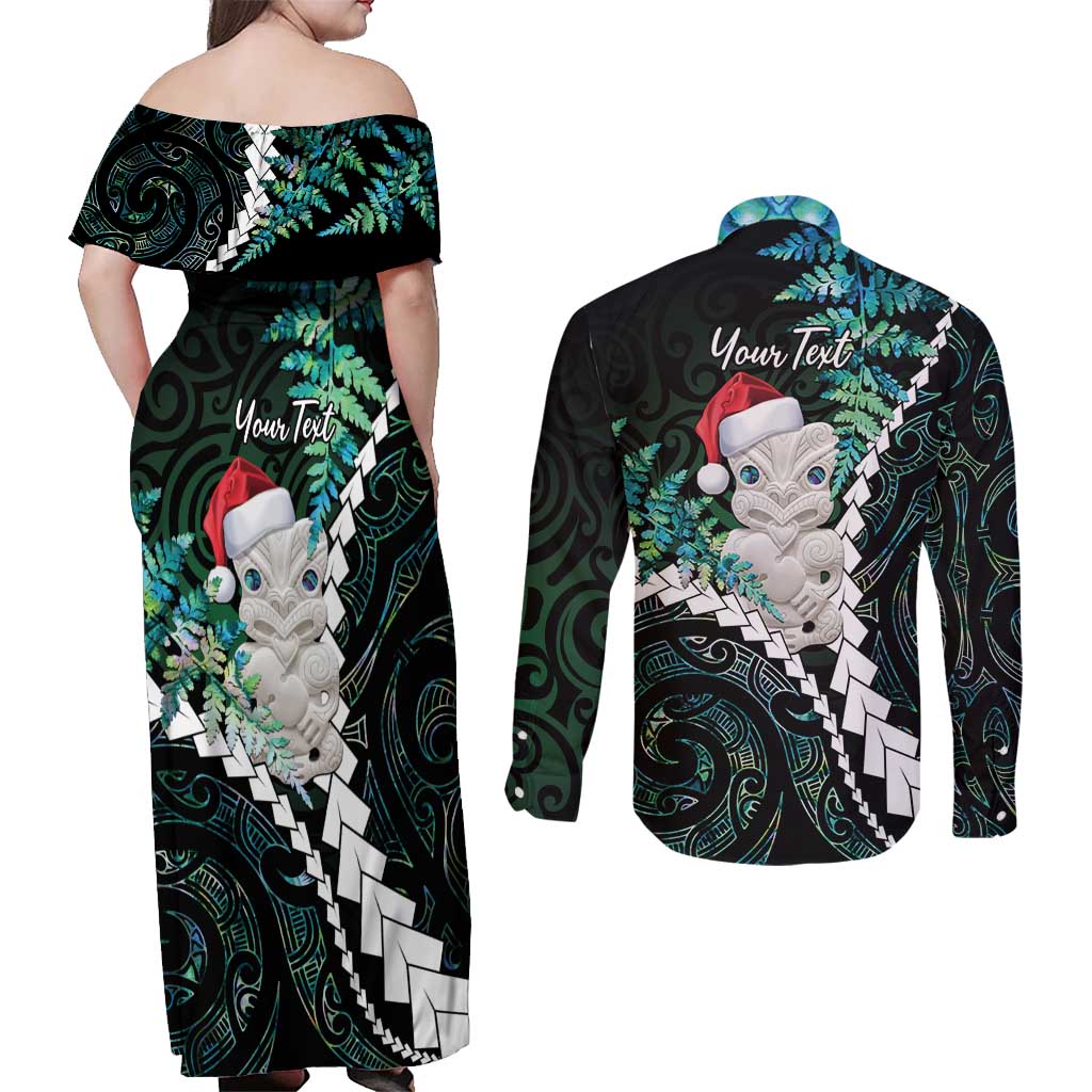 New Zealand Personalised Couples Matching Off Shoulder Maxi Dress and Long Sleeve Button Shirt Meri Kirihimete Kowhaiwhai Mix Paua Shell - Emerald