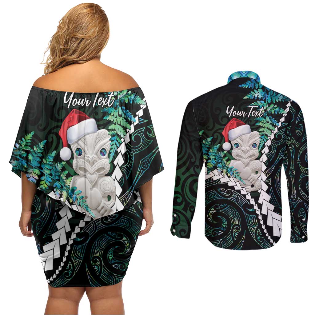 New Zealand Personalised Couples Matching Off Shoulder Short Dress and Long Sleeve Button Shirt Meri Kirihimete Kowhaiwhai Mix Paua Shell - Emerald