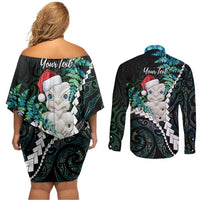 New Zealand Personalised Couples Matching Off Shoulder Short Dress and Long Sleeve Button Shirt Meri Kirihimete Kowhaiwhai Mix Paua Shell - Emerald