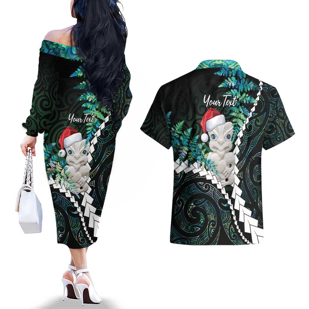 New Zealand Personalised Couples Matching Off The Shoulder Long Sleeve Dress and Hawaiian Shirt Meri Kirihimete Kowhaiwhai Mix Paua Shell - Emerald