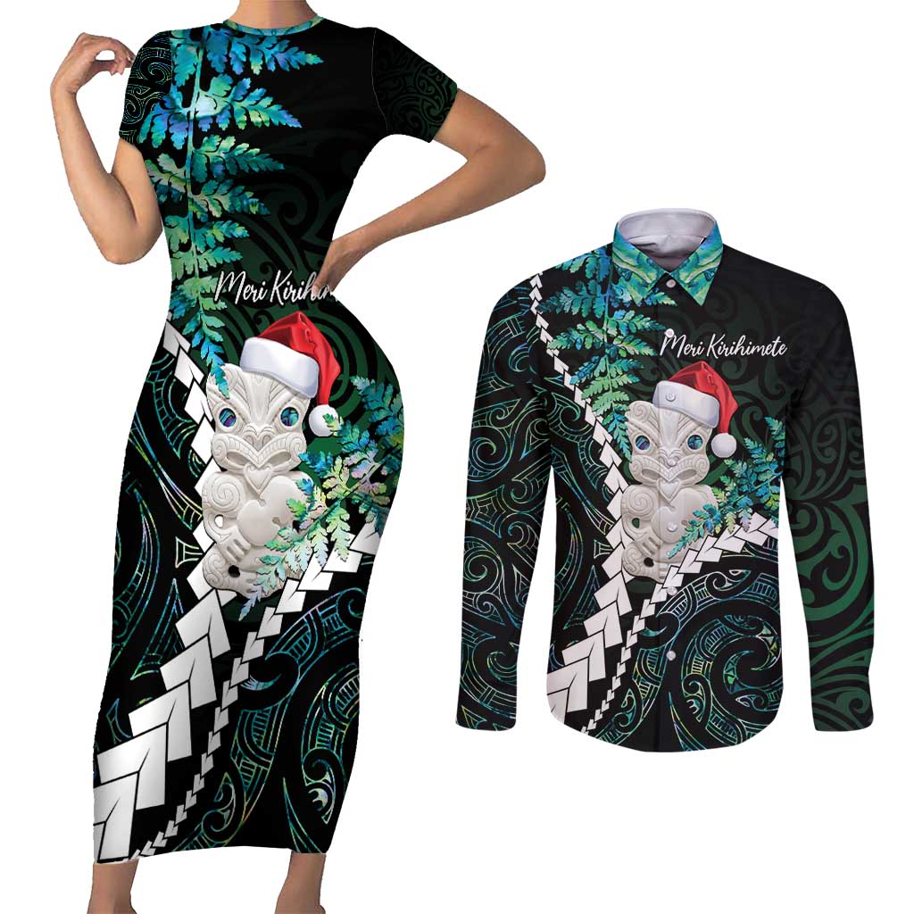 New Zealand Personalised Couples Matching Short Sleeve Bodycon Dress and Long Sleeve Button Shirt Meri Kirihimete Kowhaiwhai Mix Paua Shell - Emerald