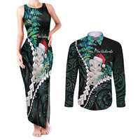 New Zealand Personalised Couples Matching Tank Maxi Dress and Long Sleeve Button Shirt Meri Kirihimete Kowhaiwhai Mix Paua Shell - Emerald