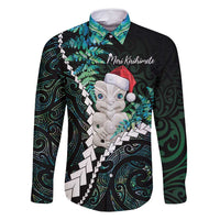 New Zealand Personalised Family Matching Mermaid Dress and Hawaiian Shirt Meri Kirihimete Kowhaiwhai Mix Paua Shell - Emerald LT7 Dad's Shirt - Long Sleeve Green - Polynesian Pride