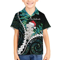 New Zealand Personalised Family Matching Short Sleeve Bodycon Dress and Hawaiian Shirt Meri Kirihimete Kowhaiwhai Mix Paua Shell - Emerald LT7 Son's Shirt Green - Polynesian Pride