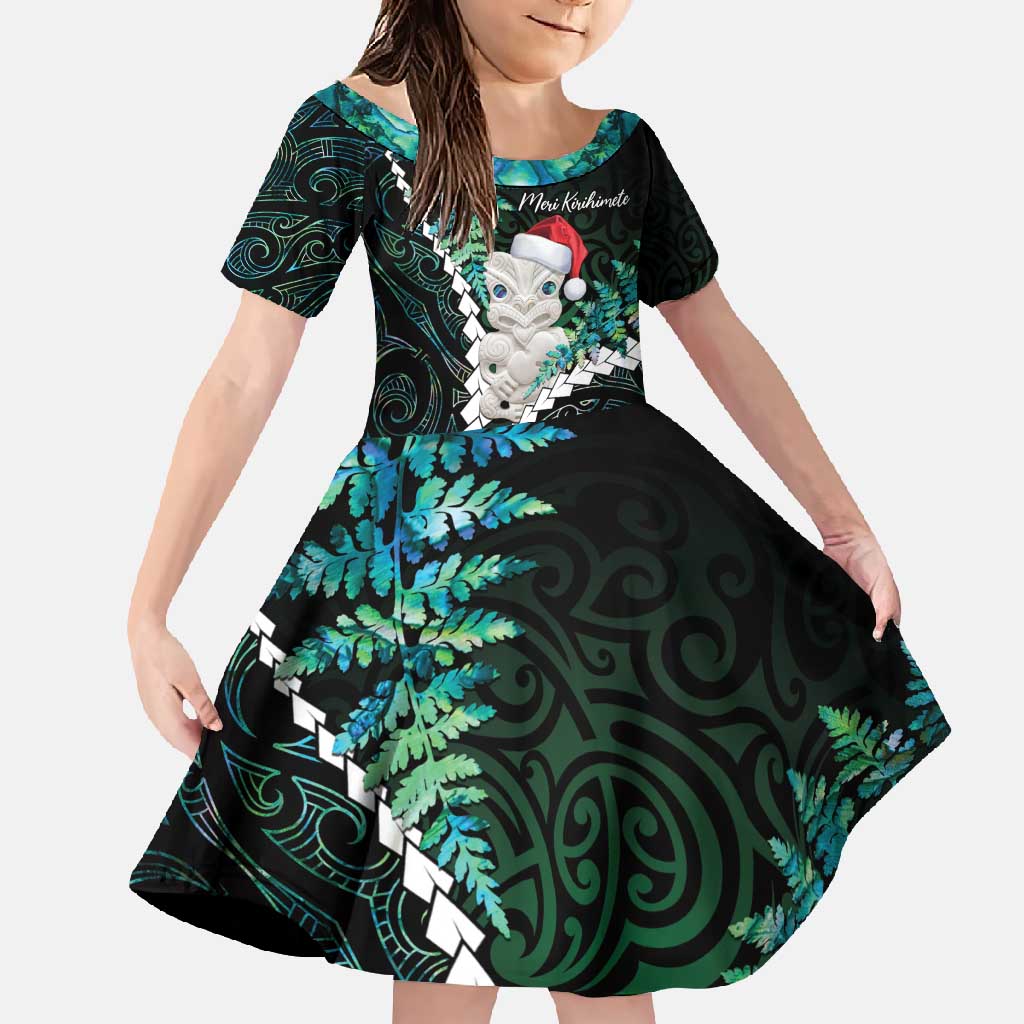 New Zealand Personalised Family Matching Tank Maxi Dress and Hawaiian Shirt Meri Kirihimete Kowhaiwhai Mix Paua Shell - Emerald LT7 Daughter's Dress Green - Polynesian Pride
