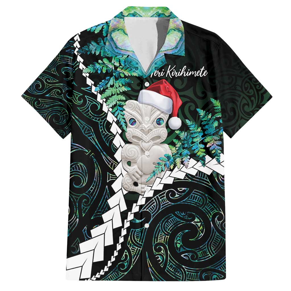 New Zealand Personalised Family Matching Tank Maxi Dress and Hawaiian Shirt Meri Kirihimete Kowhaiwhai Mix Paua Shell - Emerald LT7 Dad's Shirt - Short Sleeve Green - Polynesian Pride