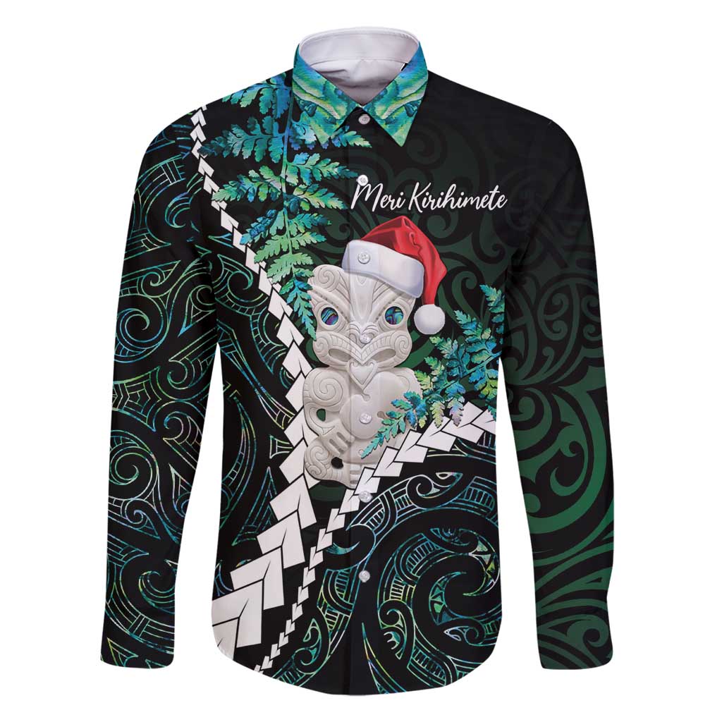 New Zealand Personalised Family Matching Tank Maxi Dress and Hawaiian Shirt Meri Kirihimete Kowhaiwhai Mix Paua Shell - Emerald LT7 Dad's Shirt - Long Sleeve Green - Polynesian Pride