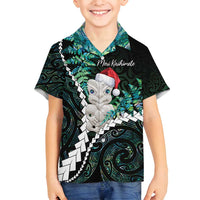 New Zealand Personalised Family Matching Tank Maxi Dress and Hawaiian Shirt Meri Kirihimete Kowhaiwhai Mix Paua Shell - Emerald LT7 Son's Shirt Green - Polynesian Pride