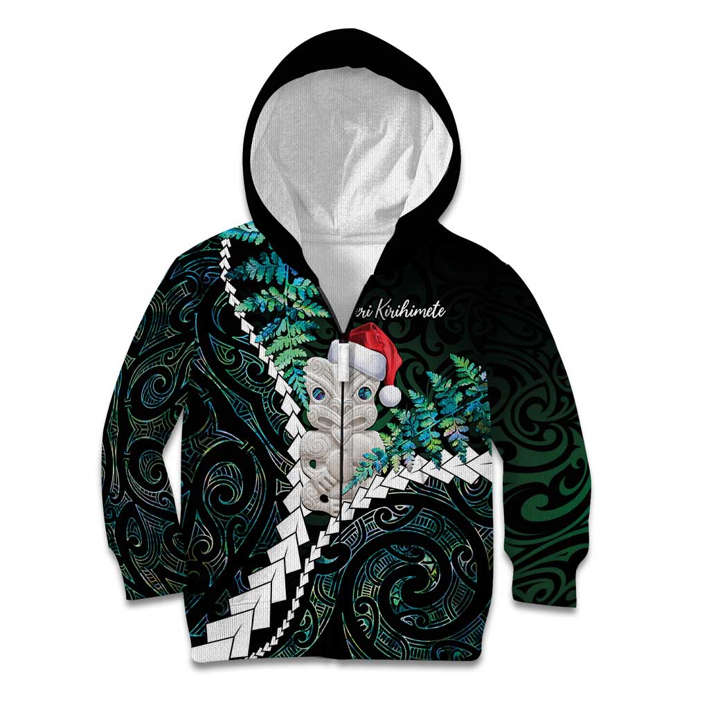 New Zealand Personalised Kid Hoodie Meri Kirihimete Kowhaiwhai Mix Paua Shell - Emerald