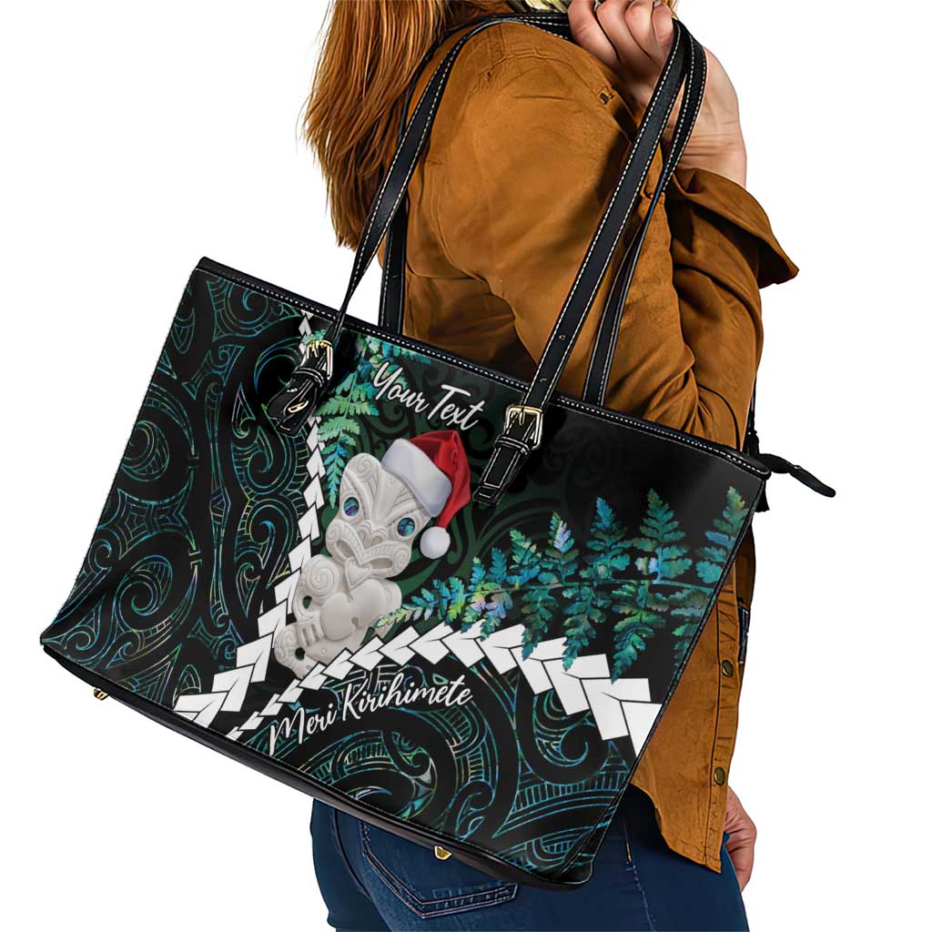 New Zealand Personalised Leather Tote Bag Meri Kirihimete Kowhaiwhai Mix Paua Shell - Emerald
