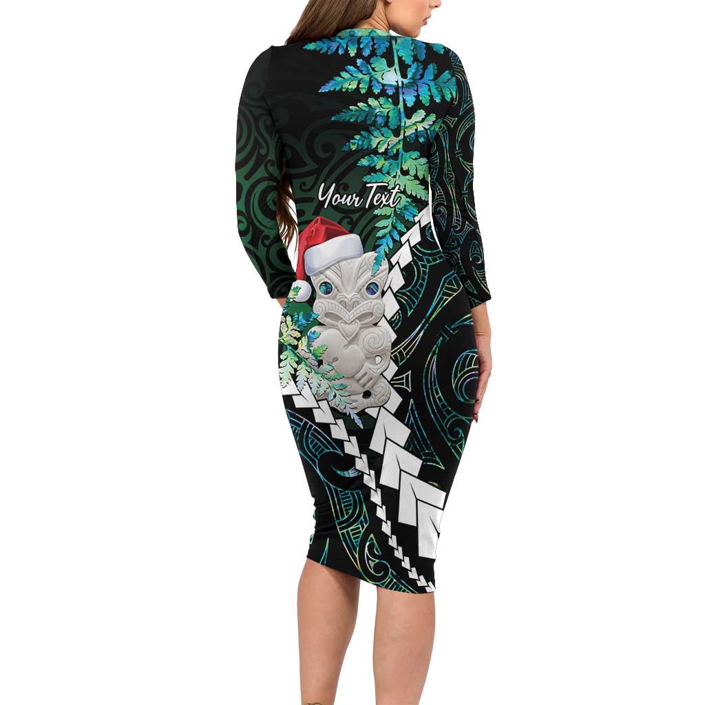 New Zealand Personalised Long Sleeve Bodycon Dress Meri Kirihimete Kowhaiwhai Mix Paua Shell - Emerald