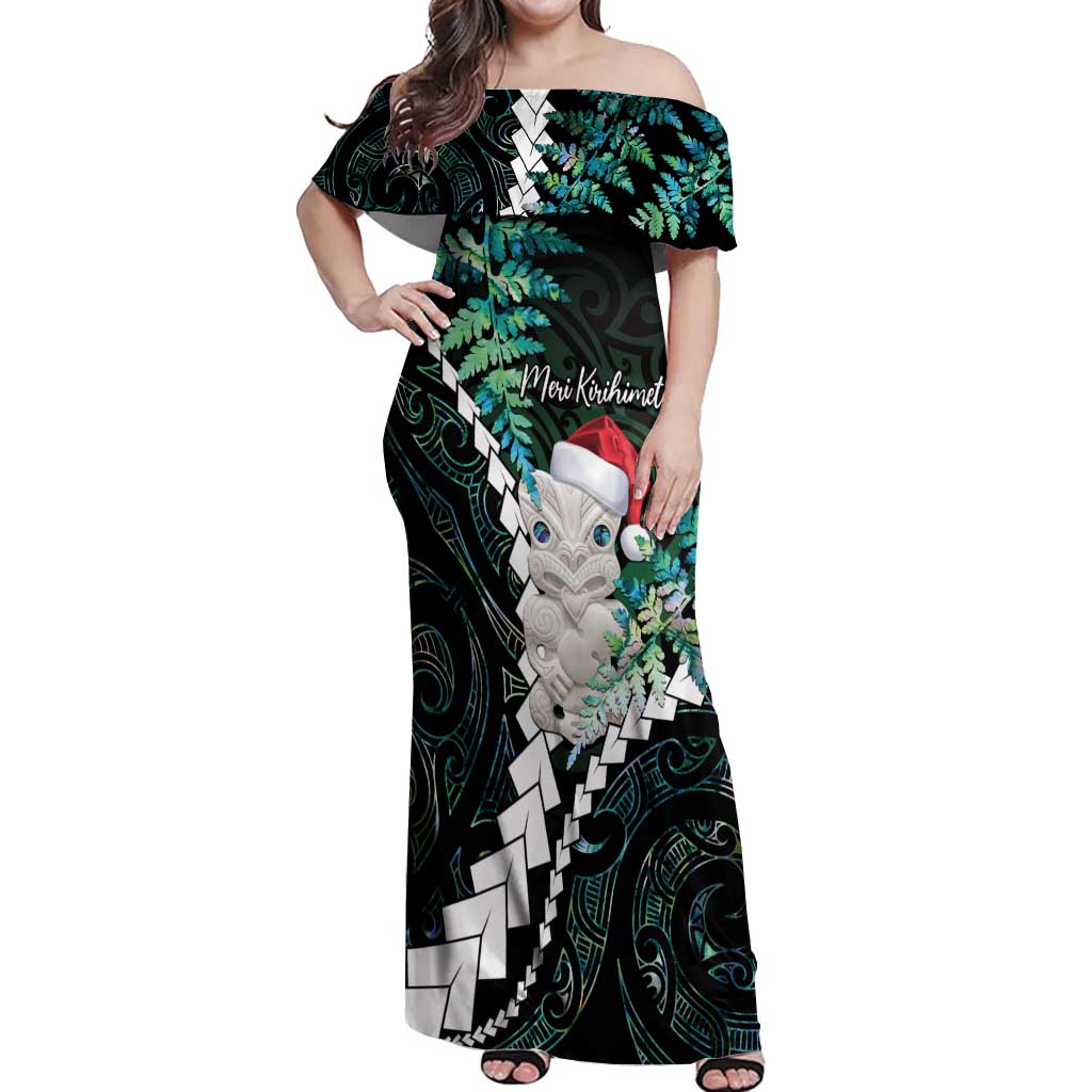 New Zealand Personalised Off Shoulder Maxi Dress Meri Kirihimete Kowhaiwhai Mix Paua Shell - Emerald