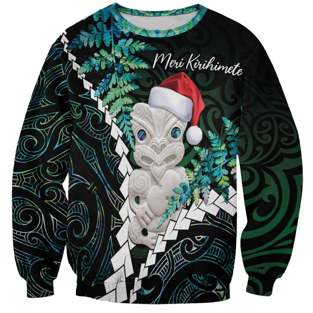 New Zealand Personalised Sweatshirt Meri Kirihimete Kowhaiwhai Mix Paua Shell - Emerald