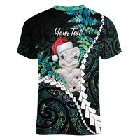 New Zealand Personalised Women V-Neck T-Shirt Meri Kirihimete Kowhaiwhai Mix Paua Shell - Emerald