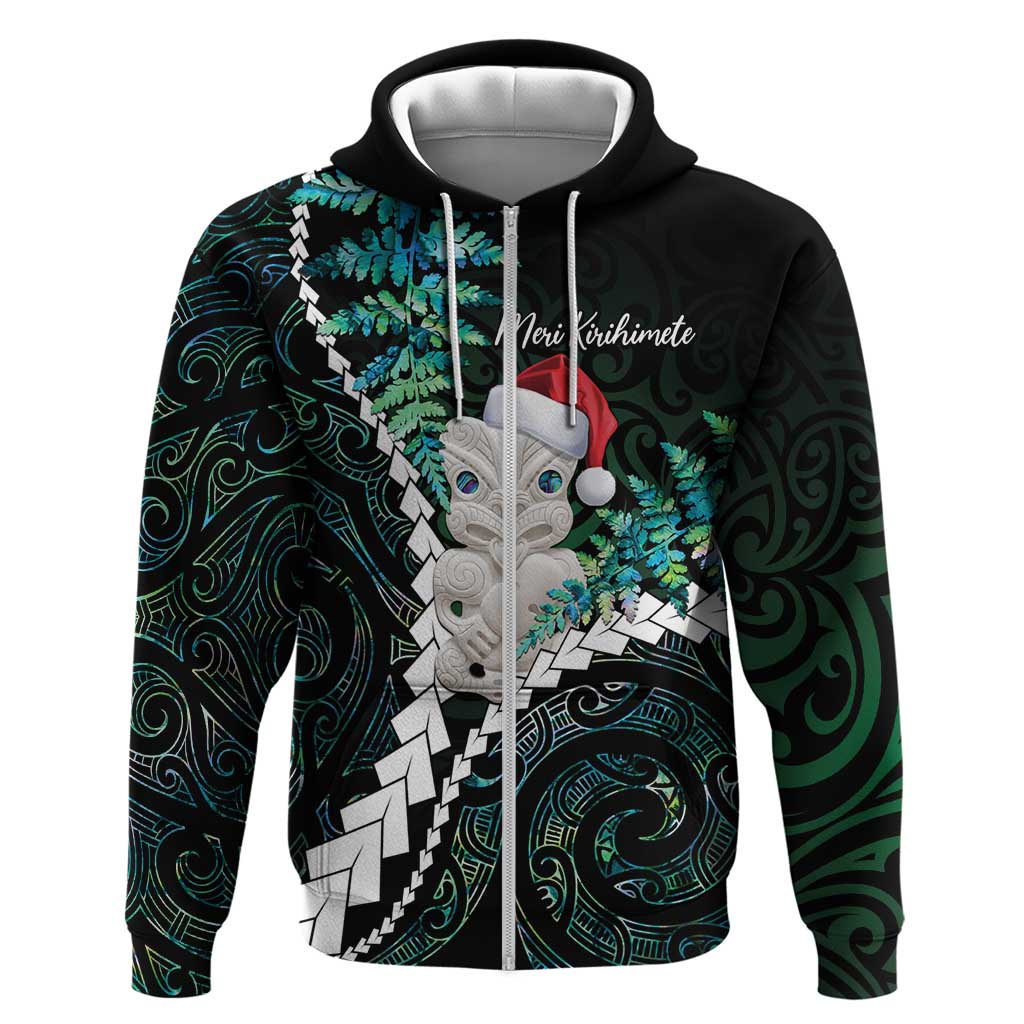 New Zealand Personalised Zip Hoodie Meri Kirihimete Kowhaiwhai Mix Paua Shell - Emerald LT7 Zip Hoodie Green - Polynesian Pride