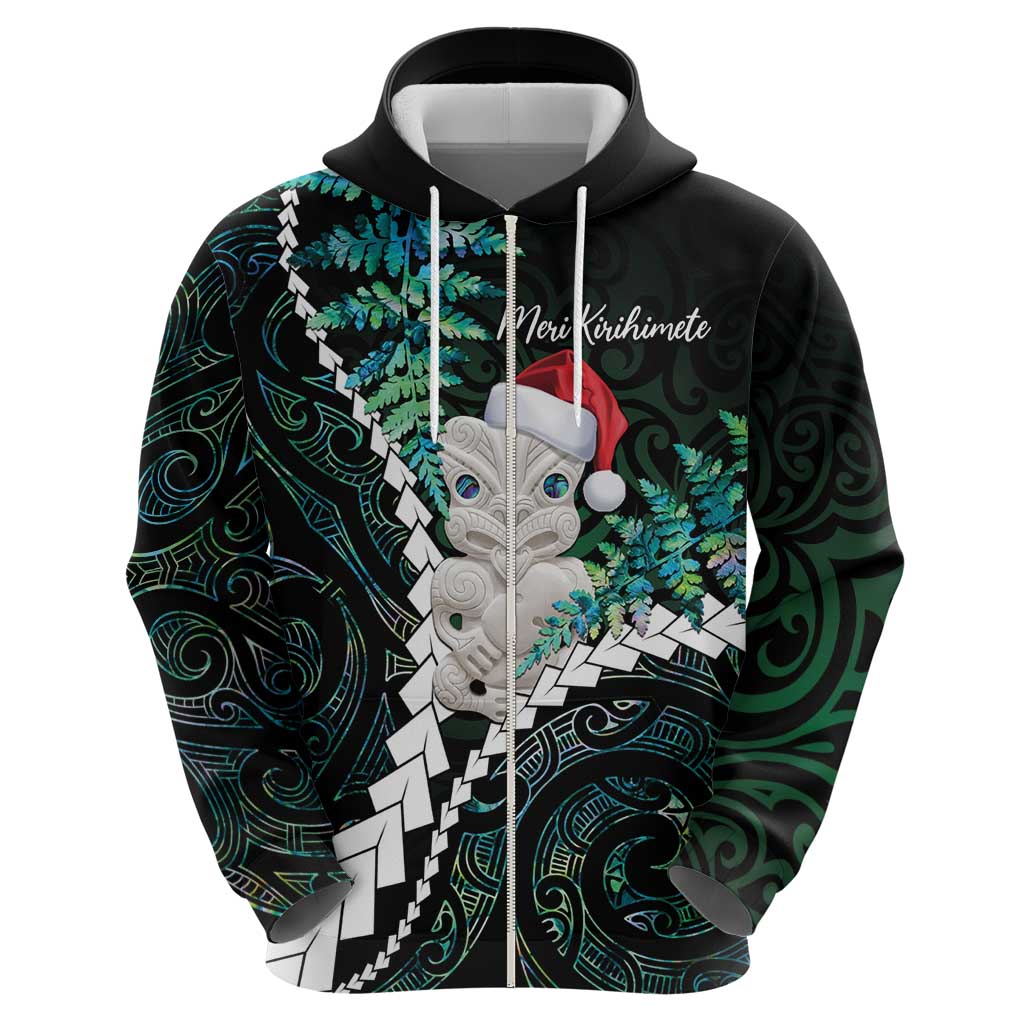 New Zealand Personalised Zip Hoodie Meri Kirihimete Kowhaiwhai Mix Paua Shell - Emerald LT7 - Polynesian Pride