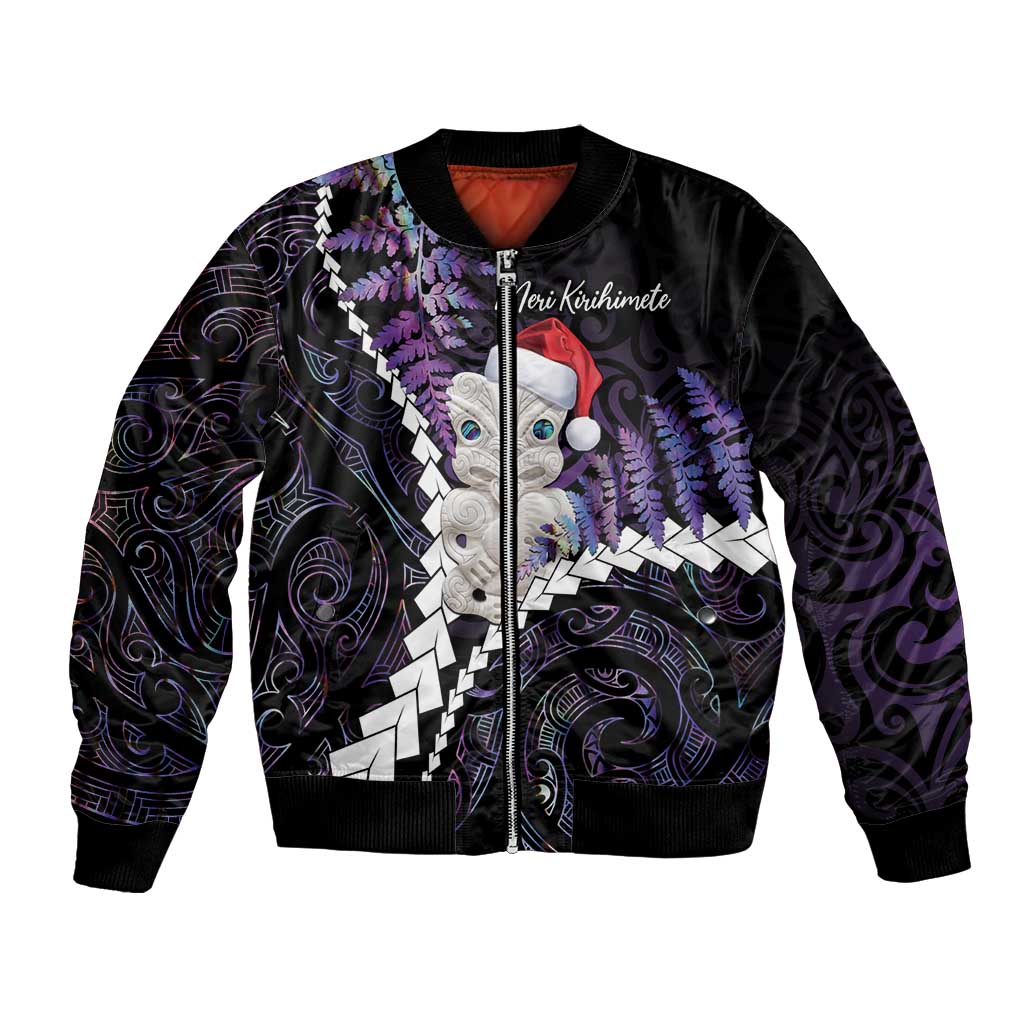 New Zealand Personalised Bomber Jacket Meri Kirihimete Kowhaiwhai Mix Paua Shell - Amethys LT7 Unisex Purple - Polynesian Pride