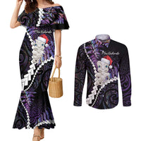 New Zealand Personalised Couples Matching Mermaid Dress and Long Sleeve Button Shirt Meri Kirihimete Kowhaiwhai Mix Paua Shell - Amethys