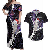 New Zealand Personalised Couples Matching Off Shoulder Maxi Dress and Hawaiian Shirt Meri Kirihimete Kowhaiwhai Mix Paua Shell - Amethys