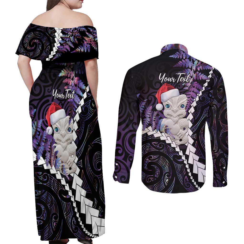New Zealand Personalised Couples Matching Off Shoulder Maxi Dress and Long Sleeve Button Shirt Meri Kirihimete Kowhaiwhai Mix Paua Shell - Amethys