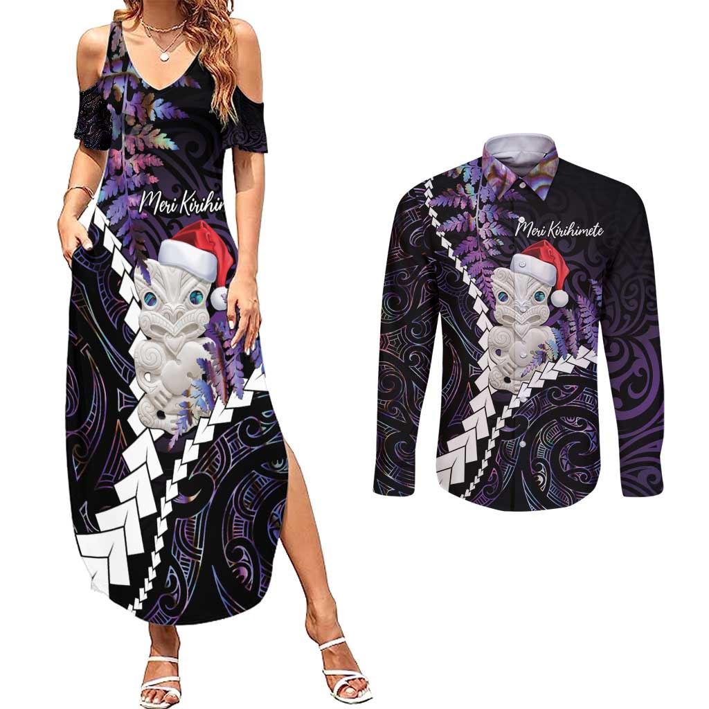 New Zealand Personalised Couples Matching Summer Maxi Dress and Long Sleeve Button Shirt Meri Kirihimete Kowhaiwhai Mix Paua Shell - Amethys