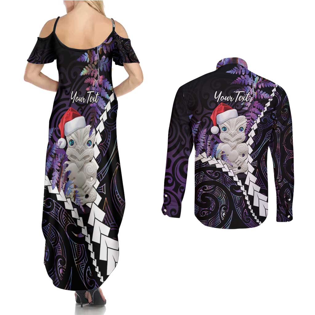 New Zealand Personalised Couples Matching Summer Maxi Dress and Long Sleeve Button Shirt Meri Kirihimete Kowhaiwhai Mix Paua Shell - Amethys