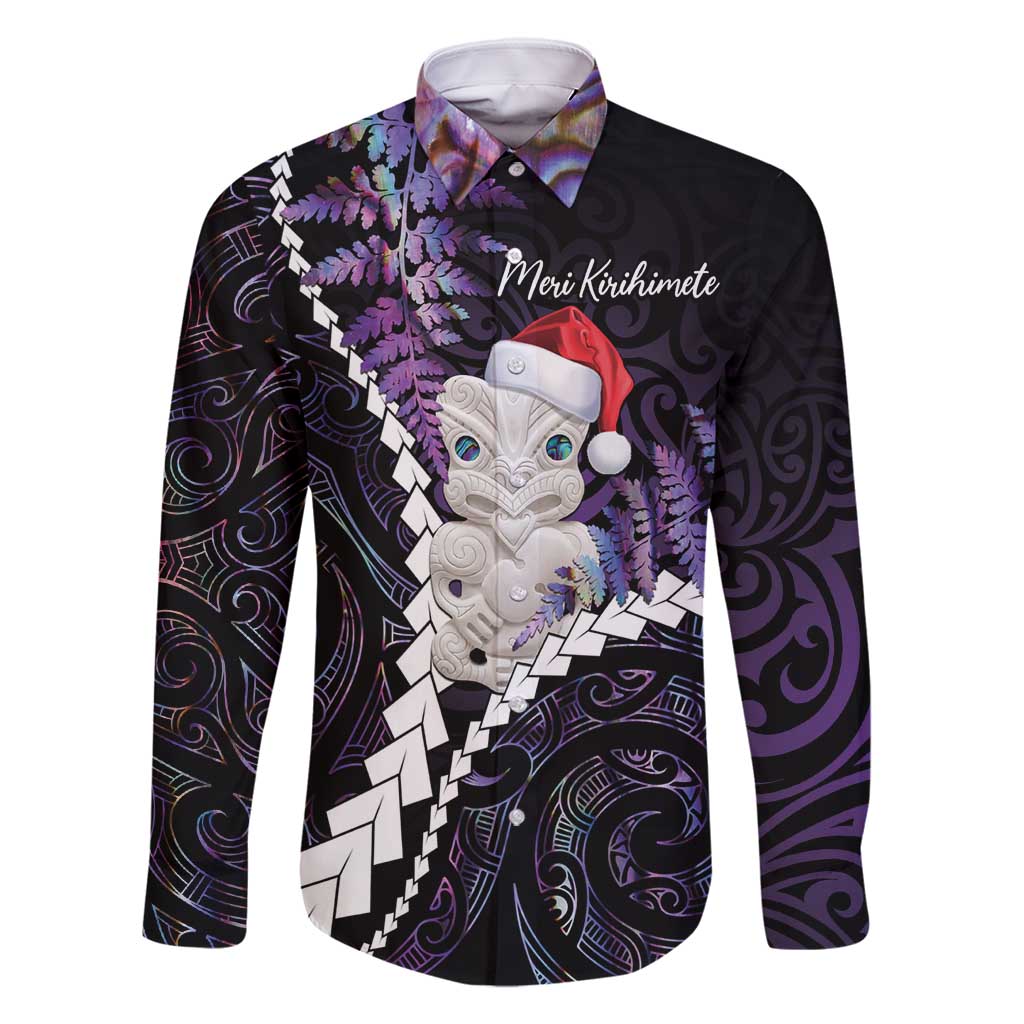 New Zealand Personalised Family Matching Mermaid Dress and Hawaiian Shirt Meri Kirihimete Kowhaiwhai Mix Paua Shell - Amethys LT7 Dad's Shirt - Long Sleeve Purple - Polynesian Pride