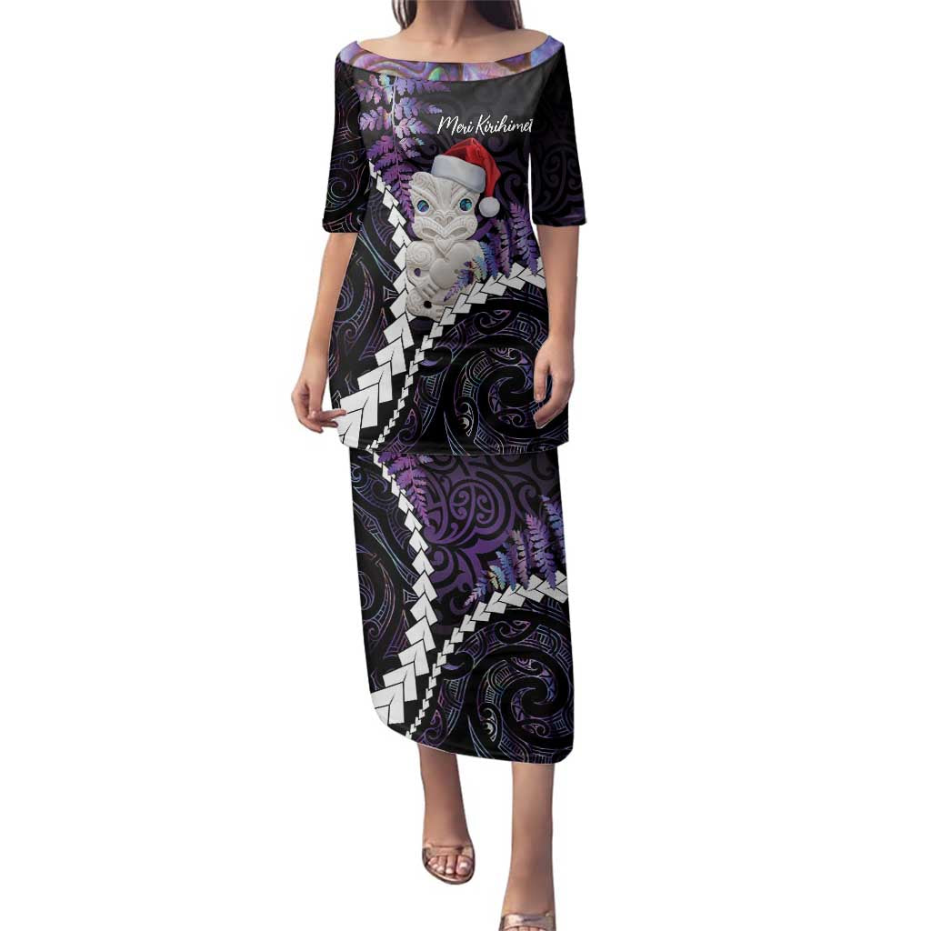 New Zealand Personalised Family Matching Puletasi and Hawaiian Shirt Meri Kirihimete Kowhaiwhai Mix Paua Shell - Amethys