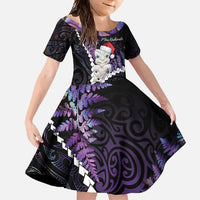 New Zealand Personalised Family Matching Short Sleeve Bodycon Dress and Hawaiian Shirt Meri Kirihimete Kowhaiwhai Mix Paua Shell - Amethys LT7 Daughter's Dress Purple - Polynesian Pride