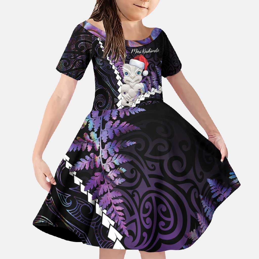 New Zealand Personalised Family Matching Tank Maxi Dress and Hawaiian Shirt Meri Kirihimete Kowhaiwhai Mix Paua Shell - Amethys LT7 Daughter's Dress Purple - Polynesian Pride