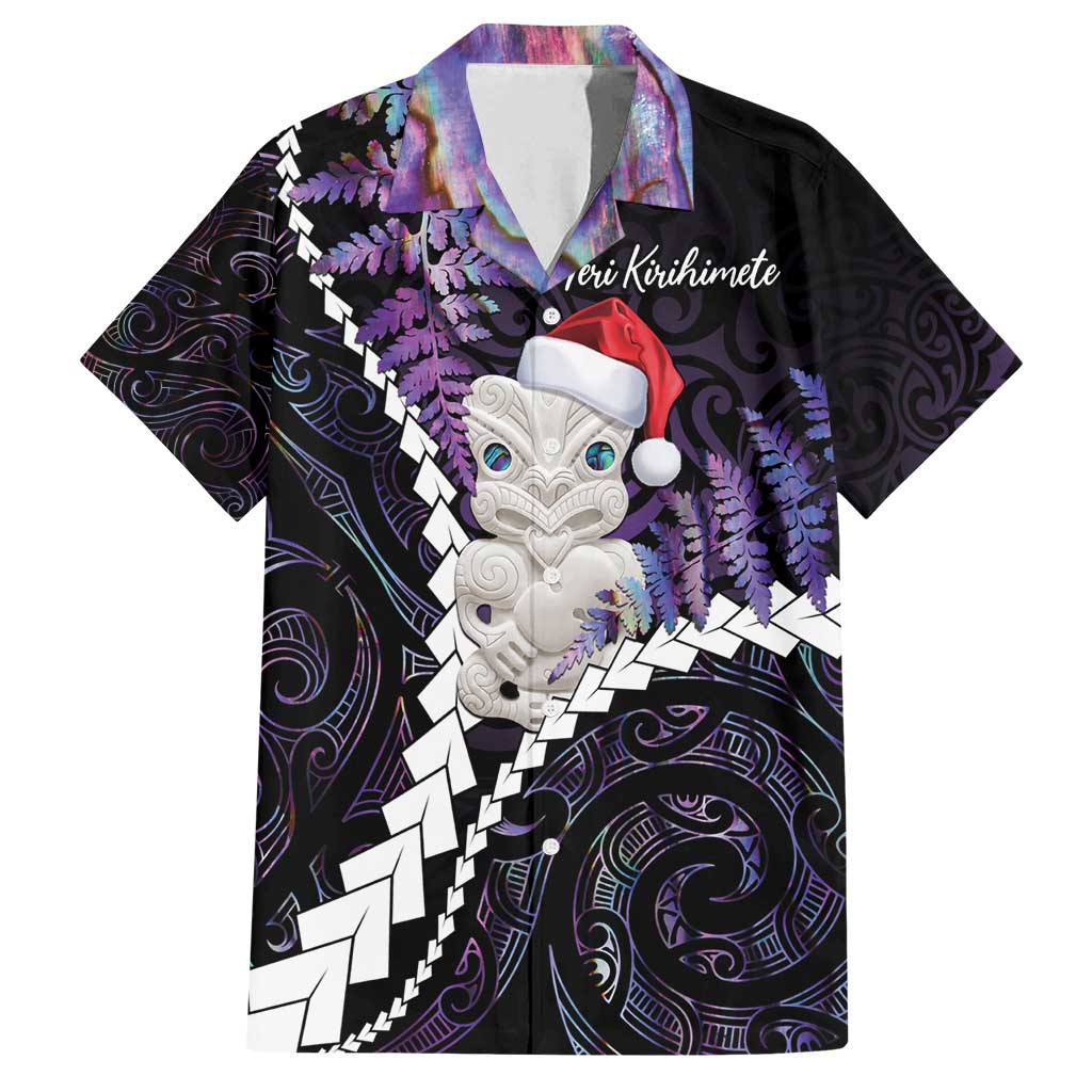 New Zealand Personalised Family Matching Tank Maxi Dress and Hawaiian Shirt Meri Kirihimete Kowhaiwhai Mix Paua Shell - Amethys LT7 Dad's Shirt - Short Sleeve Purple - Polynesian Pride