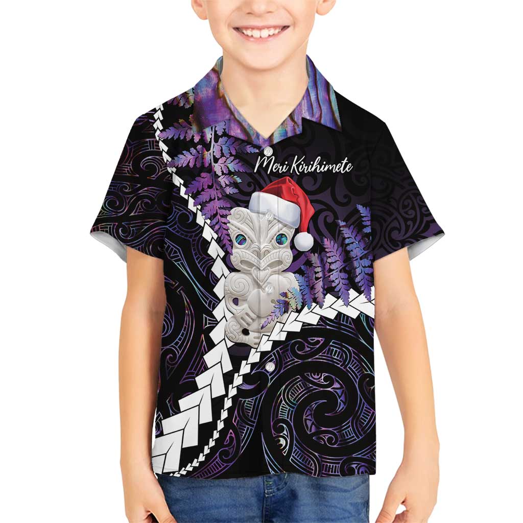 New Zealand Personalised Family Matching Tank Maxi Dress and Hawaiian Shirt Meri Kirihimete Kowhaiwhai Mix Paua Shell - Amethys LT7 Son's Shirt Purple - Polynesian Pride