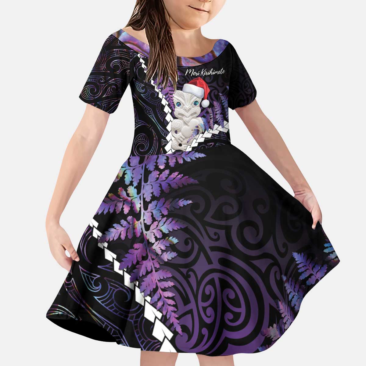 New Zealand Personalised Kid Short Sleeve Dress Meri Kirihimete Kowhaiwhai Mix Paua Shell - Amethys