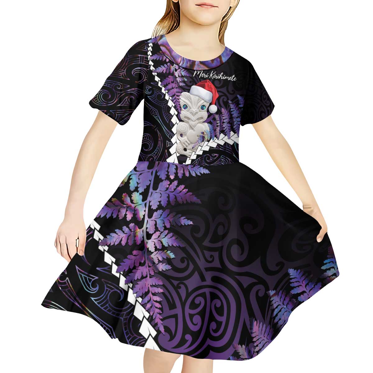 New Zealand Personalised Kid Short Sleeve Dress Meri Kirihimete Kowhaiwhai Mix Paua Shell - Amethys