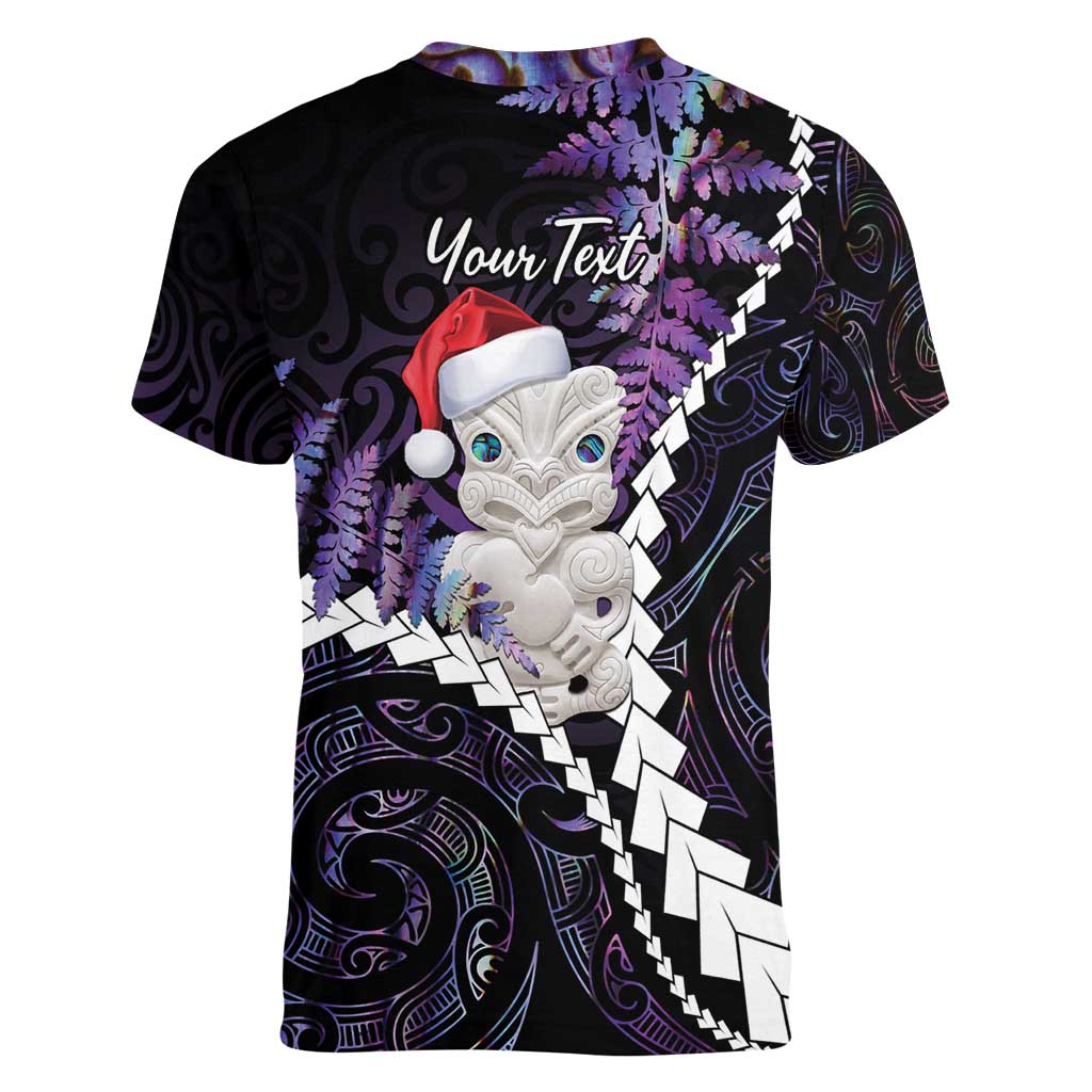 New Zealand Personalised Women V-Neck T-Shirt Meri Kirihimete Kowhaiwhai Mix Paua Shell - Amethys