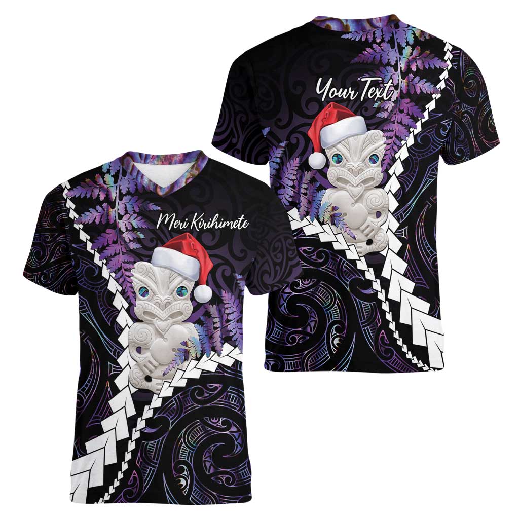 New Zealand Personalised Women V-Neck T-Shirt Meri Kirihimete Kowhaiwhai Mix Paua Shell - Amethys