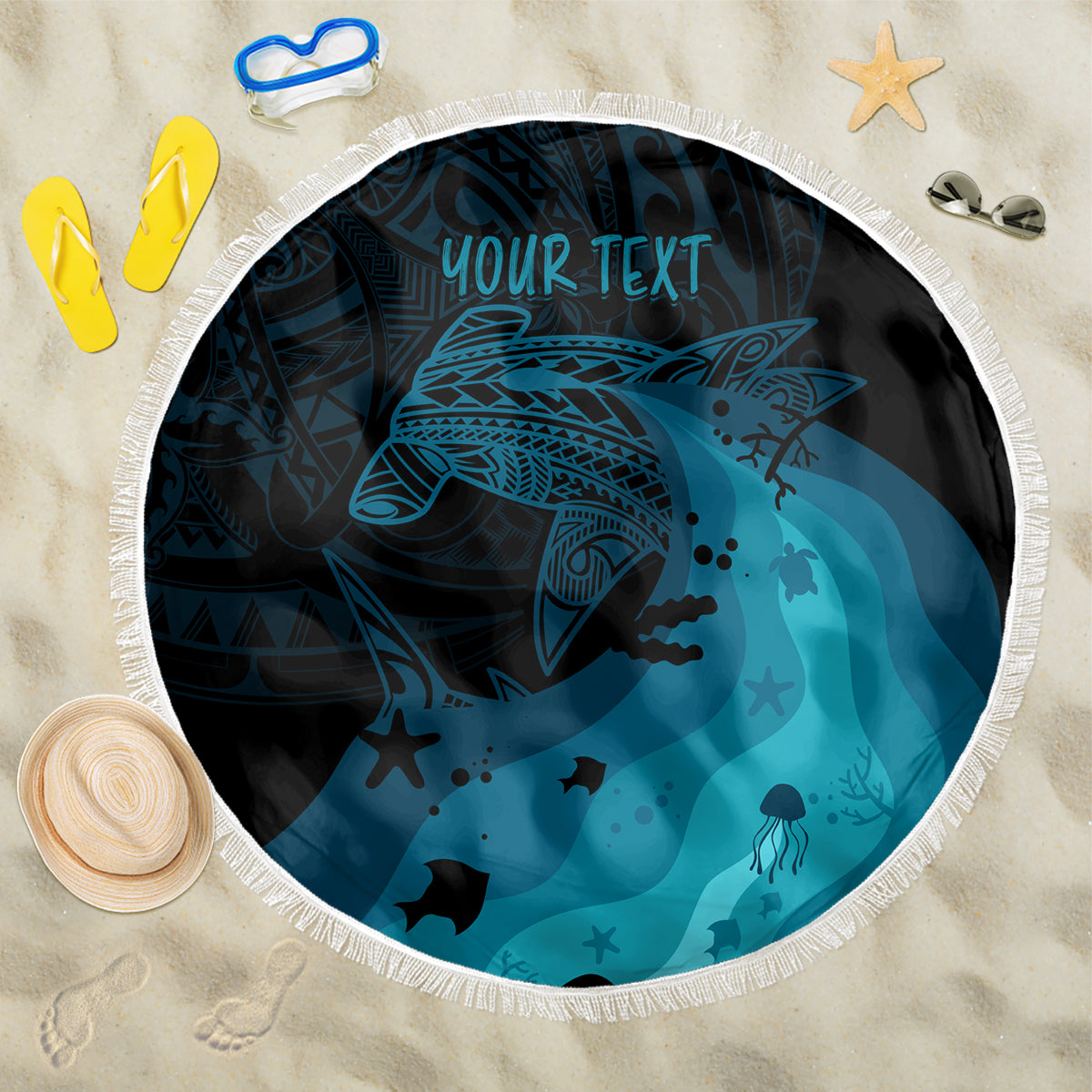 Polynesian Shark Beach Blanket Under The Waves LT7 One Size 150cm Dark Blue - Polynesian Pride