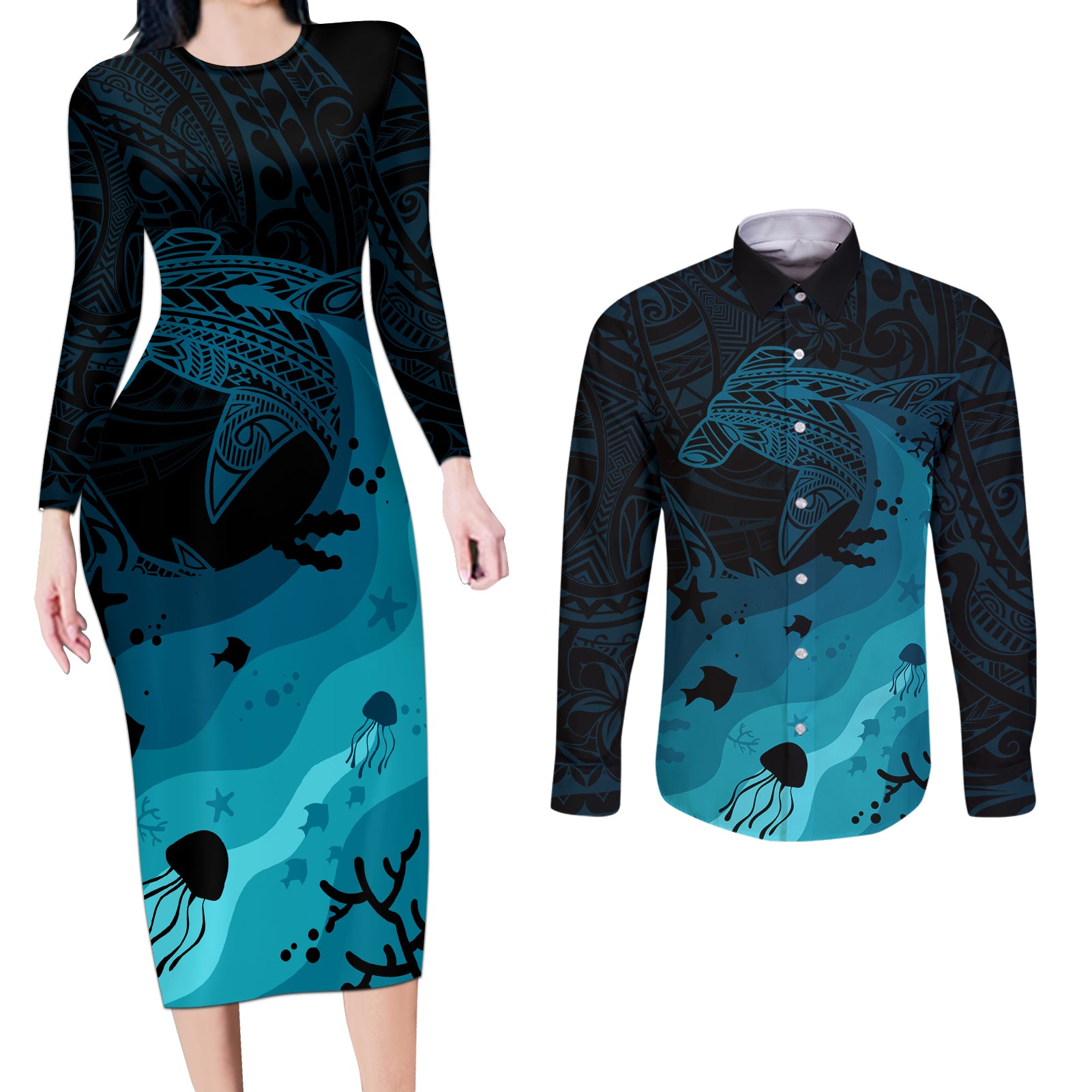 Polynesian Shark Couples Matching Long Sleeve Bodycon Dress and Long Sleeve Button Shirt Under The Waves LT7 Dark Blue - Polynesian Pride