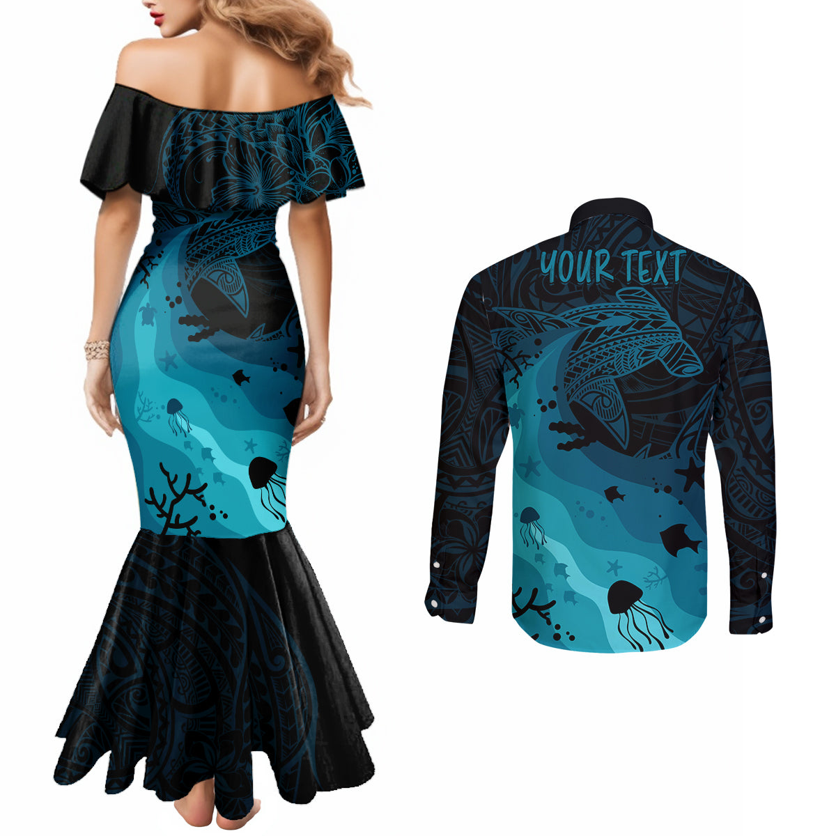 Polynesian Shark Couples Matching Mermaid Dress and Long Sleeve Button Shirt Under The Waves LT7 - Polynesian Pride