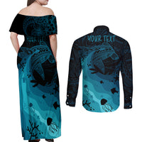 Polynesian Shark Couples Matching Off Shoulder Maxi Dress and Long Sleeve Button Shirt Under The Waves LT7 - Polynesian Pride