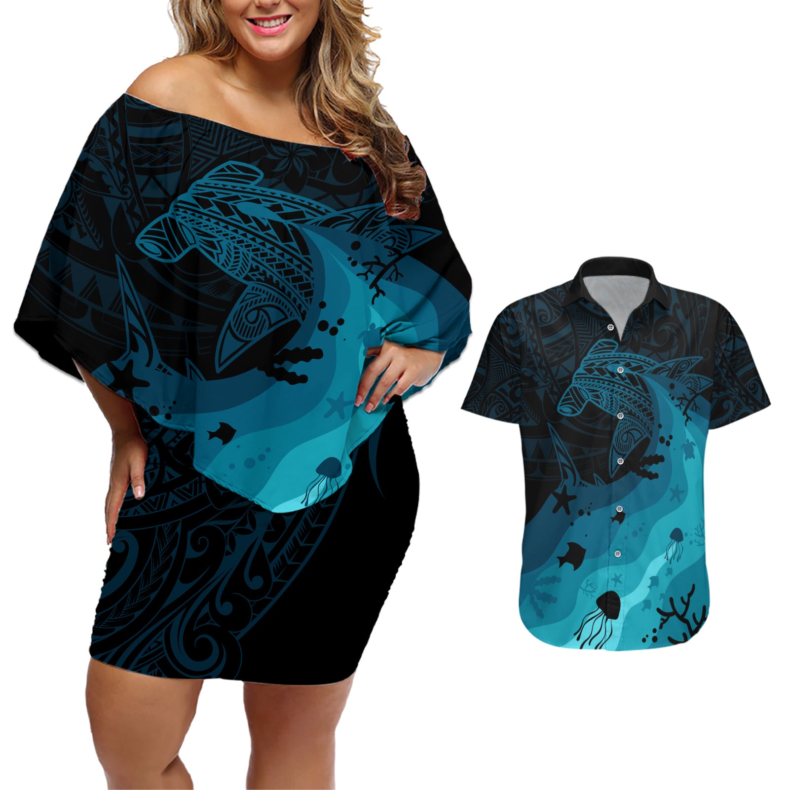 Polynesian Shark Couples Matching Off Shoulder Short Dress and Hawaiian Shirt Under The Waves LT7 Dark Blue - Polynesian Pride