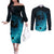 Polynesian Shark Couples Matching Off The Shoulder Long Sleeve Dress and Long Sleeve Button Shirt Under The Waves LT7 Dark Blue - Polynesian Pride