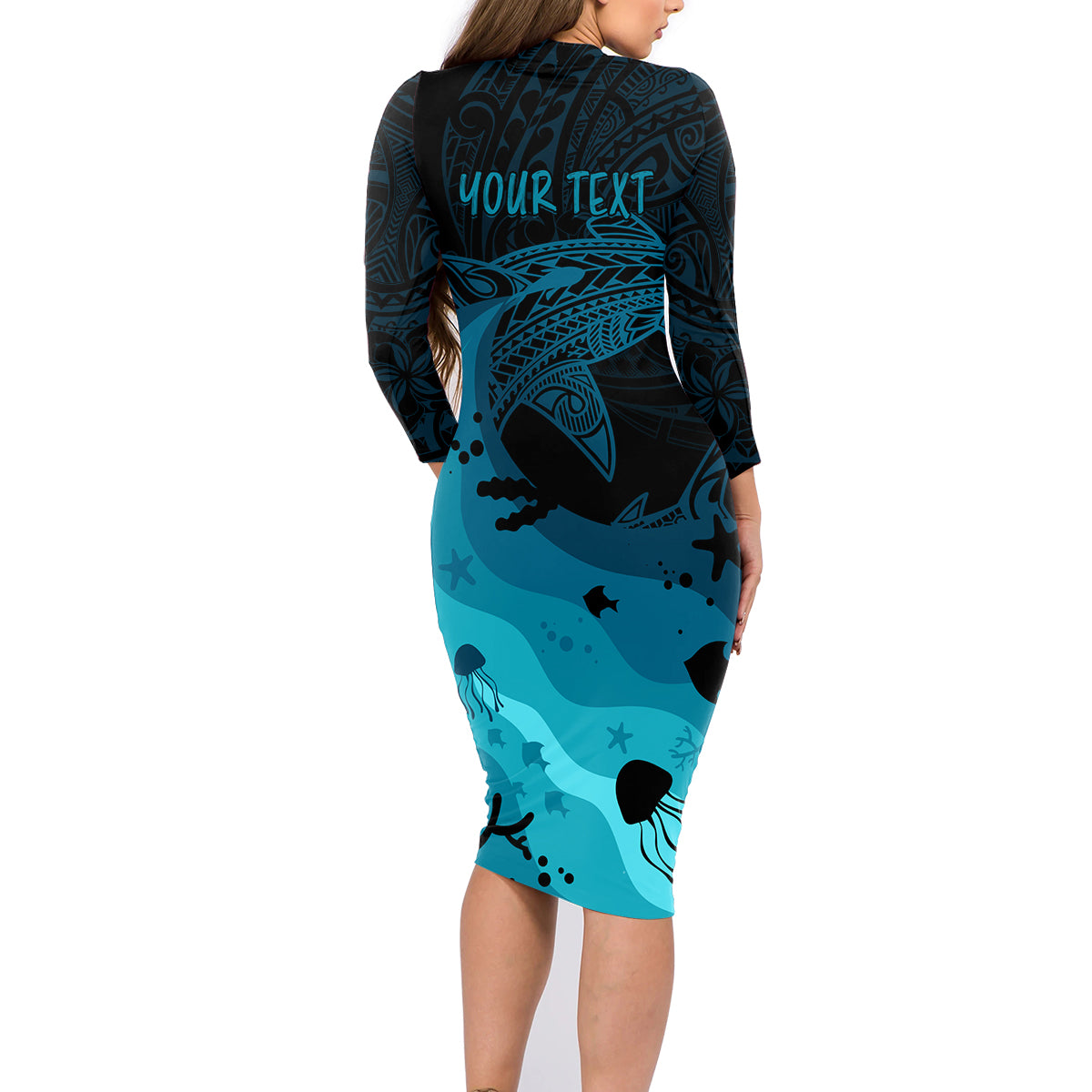 Polynesian Shark Family Matching Long Sleeve Bodycon Dress and Hawaiian Shirt Under The Waves LT7 - Polynesian Pride