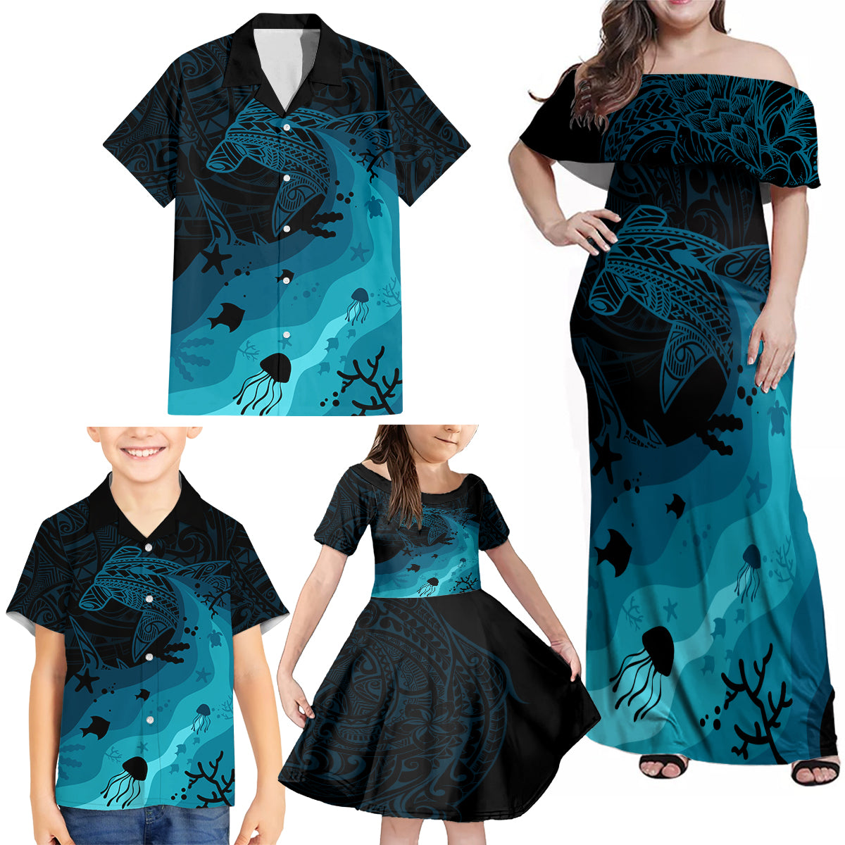 Polynesian Shark Family Matching Off Shoulder Maxi Dress and Hawaiian Shirt Under The Waves LT7 - Polynesian Pride