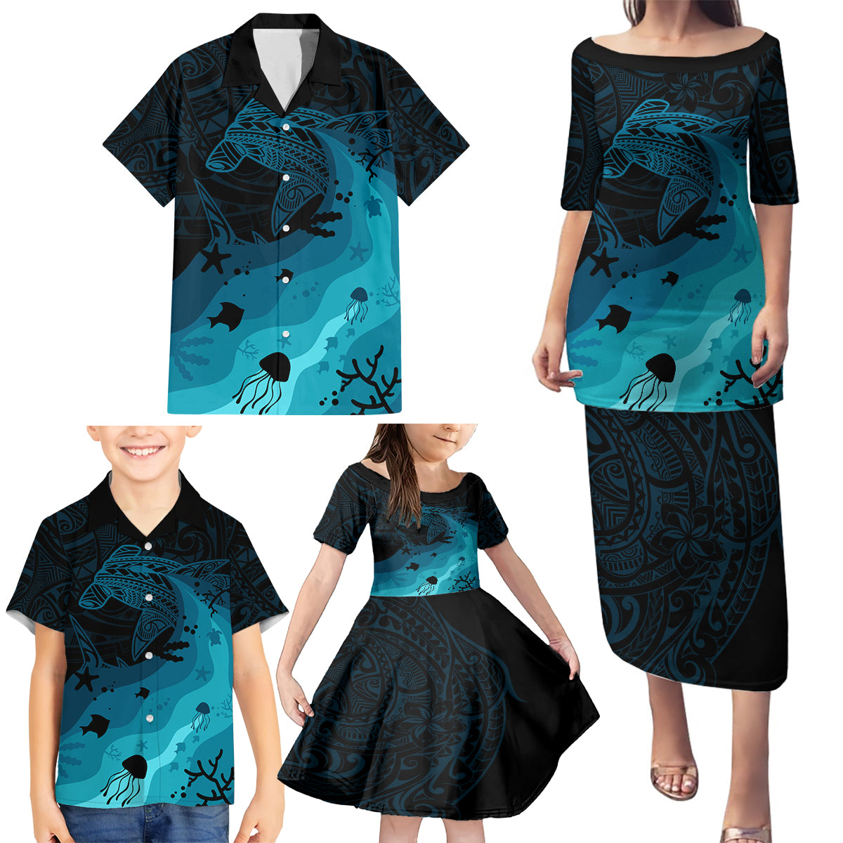 Polynesian Shark Family Matching Puletasi Dress and Hawaiian Shirt Under The Waves LT7 - Polynesian Pride