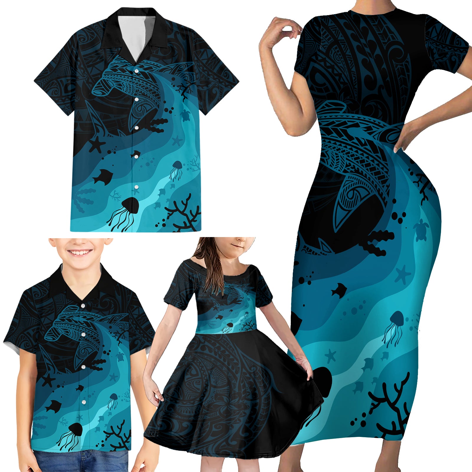 Polynesian Shark Family Matching Short Sleeve Bodycon Dress and Hawaiian Shirt Under The Waves LT7 - Polynesian Pride